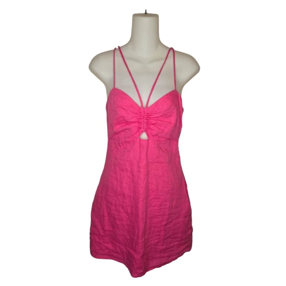 Mng Mango Hot Pink Linen Mini Dress Sundress Size 2